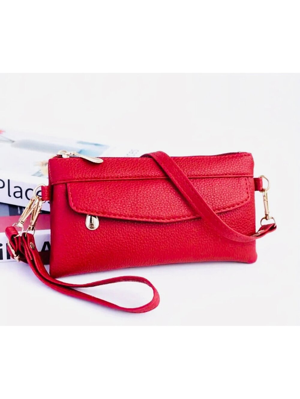 New - Trendy Faux Leather Double Zipper Crossbody Bag /Clutch Purse - Red